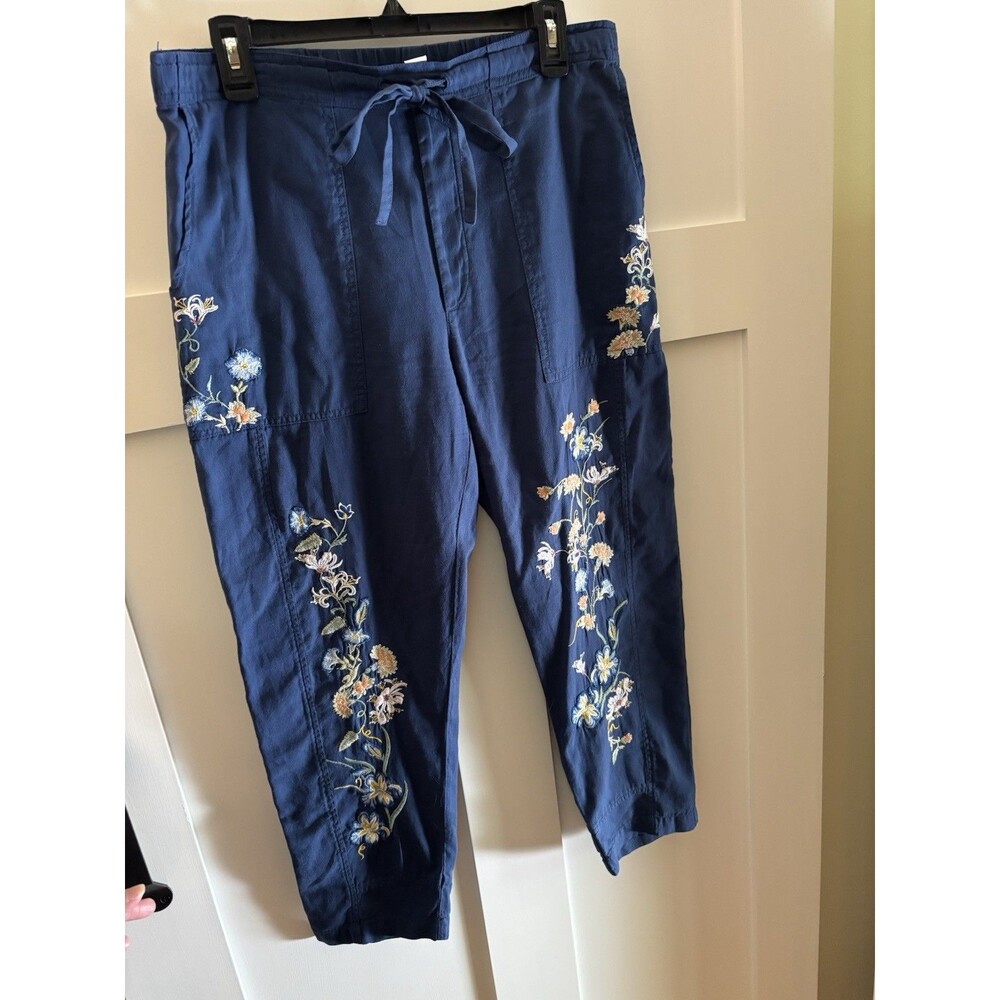 Sundance Women’s Embroidered Floral Cargo Pants Small Navy Blue Cotton Boho